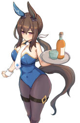 Rule 34 | 1girl, absurdres, admire vega (umamusume), alternate costume, animal ears, black pantyhose, blue leotard, bow, breasts, brown hair, cleavage, closed mouth, commentary request, cork, detached collar, ear covers, feet out of frame, glass, glass bottle, hair between eyes, highres, holding, holding tray, horse ears, horse girl, horse tail, large breasts, leotard, looking at viewer, necktie, nontraditional playboy bunny, pantyhose, purple eyes, simple background, single ear cover, solo, taikihori, tail, thigh strap, tray, umamusume, white background, white bow, white necktie, wrist cuffs