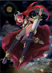 Rule 34 | 1girl, :d, absurdres, armor, bent over, breasts, cape, cleavage, eyeshadow, full body, garter straps, graphite (medium), highres, horns, legs, long hair, long legs, makeup, open mouth, original, pig0519, purple thighhighs, red eyes, red hair, smile, sword, thighhighs, thighs, traditional media, twintails, weapon