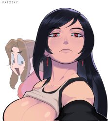 Rule 34 | 2girls, aerith gainsborough, artist name, bare shoulders, black hair, blue eyes, blush, breast envy, breasts, brown hair, cleavage, clothes lift, earrings, final fantasy, final fantasy vii, highres, huge breasts, jewelry, large breasts, long hair, looking at viewer, multiple girls, patosky, red eyes, shirt, shirt lift, smile, tifa lockhart, white background