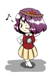 Rule 34 | 1girl, alternate costume, arm behind head, autumn leaves, blush, breasts, brown skirt, chibi, collared shirt, emphasis lines, hairband, hand on own hip, long sleeves, looking at viewer, medium breasts, mirror, musical note, one eye closed, pleated skirt, purple hair, quaver, red eyes, red vest, sag (tkddkrja), shirt, short hair, sideways glance, simple background, skirt, smile, socks, solo, spoken musical note, touhou, vest, white background, yasaka kanako
