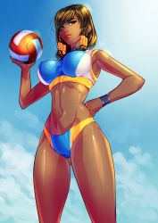 Rule 34 | 1girl, absurdres, ball, beach volleyball, beachball, black hair, blue sky, braid, breasts, brown eyes, brown lips, closed mouth, cloud, cloudy sky, covered erect nipples, cowboy shot, dark-skinned female, dark skin, day, eye of horus, eyebrows, facial mark, facial tattoo, from below, gluteal fold, groin, hair tubes, hand on own hip, highres, holding, holding ball, huge filesize, large breasts, lips, lipstick, looking at viewer, makeup, midriff, navel, overwatch, overwatch 1, pharah (overwatch), side braids, signature, sky, solo, sports bikini, tattoo, thighs, topsu, track uniform, volleyball, volleyball (object), wristband