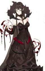 Rule 34 | 1girl, bare shoulders, belt, black dress, black gloves, black hair, blood, blunt bangs, breasts, bridal gauntlets, cleavage, closed mouth, detached collar, dress, fate/apocrypha, fate (series), fingernails, frilled gloves, frills, full body, gloves, hagoromo, hair between breasts, hand up, long hair, looking at viewer, magic, nail polish, pako (pakosun), pointy ears, red nails, semiramis (fate), shawl, sidelocks, simple background, solo, very long hair, white background, yellow eyes