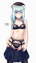 Rule 34 | 1girl, animal ears, aqua eyes, arknights, bare arms, bare shoulders, bear ears, black bra, black panties, black skirt, black thighhighs, bra, braid, breasts, character name, clothes pull, cowboy shot, garter belt, hair ornament, highres, istina (arknights), lingerie, long hair, looking at viewer, medium breasts, miniskirt, monocle, navel, panties, parted lips, pleated skirt, simple background, skirt, skirt pull, solo, standing, star (symbol), star hair ornament, stomach, thighhighs, underwear, wakamepiza, white background