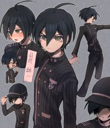 Rule 34 | 1boy, :d, absurdres, ahoge, bad id, bad pixiv id, black hair, black jacket, black pants, blush, clenched teeth, closed eyes, closed mouth, commentary request, cropped legs, danganronpa (series), danganronpa v3: killing harmony, facing down, gakuran, grey background, hair between eyes, hat, highres, jacket, long sleeves, looking at viewer, male focus, multiple views, nia (nila0513), open mouth, pants, saihara shuichi, school uniform, serious, shaded face, shirt, short hair, smile, standing, striped, striped clothes, striped jacket, striped pants, sweatdrop, tears, teeth, translation request, white shirt
