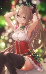 Rule 34 | 1girl, ahoge, alternate costume, bell, black thighhighs, blurry, bodice, bokeh, brown eyes, brown hair, capelet, christmas, cleavage cutout, clothing cutout, depth of field, gloves, green ribbon, hair ornament, hairclip, highres, hololive, hololive english, light particles, long hair, looking at viewer, mistletoe, multicolored hair, nanashi mumei, neck bell, partially fingerless gloves, ponytail, red bodice, red capelet, ribbon, shirt, sitting, smile, solo, streaked hair, thighhighs, tokisaka makoto, tying hair, very long hair, virtual youtuber, white shirt