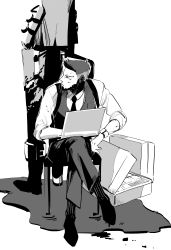 Rule 34 | 2boys, absurdres, alternate costume, apex legends, box, computer, crypto (apex legends), formal, greyscale, hands in pockets, highres, hillprime, laptop, leaning forward, crossed legs, looking to the side, mirage (apex legends), monochrome, multiple boys, pants, sitting, suit, undercut, vest, watch, wristwatch