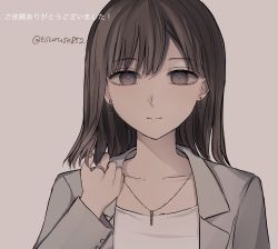 Rule 34 | 1girl, brown background, brown eyes, brown hair, closed mouth, collarbone, commentary request, earrings, grey jacket, hand up, highres, jacket, jewelry, long sleeves, looking at viewer, open clothes, open jacket, original, ring, shirt, simple background, smile, solo, translation request, tsuruse, twitter username, upper body, white shirt