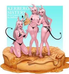 Rule 34 | 3girls, absurdres, animal ears, ass, blue background, breasts, butter, cerberus (helltaker), colored skin, demon girl, demon tail, duplicate, extra ears, food, hellcherr, helltaker, highres, large breasts, looking at another, looking at food, looking at viewer, multiple girls, open mouth, pancake, pink skin, pixel-perfect duplicate, red eyes, siblings, simple background, sisters, syrup, tail
