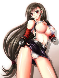Rule 34 | 1990s (style), 1girl, bare shoulders, blush, breasts, brown hair, clothes lift, earrings, elbow gloves, female focus, final fantasy, final fantasy vii, fingerless gloves, gloves, goma azarasi, jewelry, large breasts, long hair, midriff, miniskirt, nipples, panties, pussy, red eyes, retro artstyle, see-through, sesame (pixiv924742), shirt, shirt lift, skirt, solo, suspenders, sweat, tifa lockhart, uncensored, underwear, upskirt, very long hair, wet, wet clothes, wet panties, wet shirt