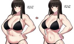 Rule 34 | 1girl, age progression, alternate muscle size, amogan, bikini, black bikini, blunt bangs, breast expansion, breasts, brown eyes, brown hair, cowboy shot, girls und panzer, hands on own hips, height, highres, hime cut, huge breasts, looking at viewer, mature female, muscular, muscular female, nishizumi shiho, plump, simple background, swimsuit, tsurime, weight, weight gain, white background