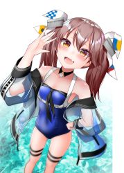 Rule 34 | 1girl, bare legs, bare shoulders, blue one-piece swimsuit, blush, brown eyes, brown hair, collarbone, cosplay, fang, feet out of frame, hair between eyes, highres, johnston (kancolle), johnston (kancolle) (cosplay), kantai collection, kirigakure (kirigakure tantei jimusho), long hair, magatama, one-piece swimsuit, open mouth, ryuujou (kancolle), smile, solo, swimsuit, twintails