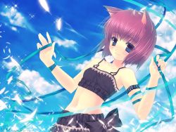 Rule 34 | 1girl, animal ears, bare shoulders, blue eyes, blush, cat ears, cloud, collarbone, day, feathers, highres, looking at viewer, midriff, navel, original, outdoors, pink hair, red hair, ribbon, short hair, sky, sleeveless, solo, touto seiro, wallpaper, water, watermark