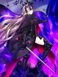 Rule 34 | 1girl, absurdres, armor, blonde hair, breasts, fate/grand order, fate (series), female focus, flag, gauntlets, headpiece, highres, jeanne d&#039;arc (fate), jeanne d&#039;arc alter (avenger) (fate), jeanne d&#039;arc alter (avenger) (first ascension) (fate), jeanne d&#039;arc alter (fate), long hair, popompon, ruler (fate/grand order), smile, solo, sword, thighhighs, weapon, yellow eyes