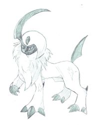 Rule 34 | absol, animal focus, claws, creatures (company), full body, fur collar, game freak, gen 3 pokemon, greyscale, leg up, looking to the side, monochrome, munna (pixiv 4032814), nintendo, no humans, pokemon, pokemon (creature), short hair, simple background, sketch, solo, standing, traditional media, white background