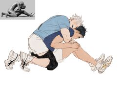 Rule 34 | 2boys, akaashi keiji, black eyes, black hair, blue shirt, bokuto koutarou, chengongzi123, closed eyes, closed mouth, commentary, english commentary, full body, grey hair, haikyuu!!, highres, hug, hug from behind, knee pads, kneeling, looking down, male focus, multiple boys, open mouth, reference inset, shirt, shoes, short hair, short sleeves, shorts, simple background, sitting, sneakers, t-shirt, thick eyebrows, very short hair, white background, white footwear, white shorts, yaoi