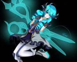 Rule 34 | 1girl, absurdres, black gloves, blue dress, blue eyes, blue hair, breasts, dress, drill hair, gloves, gwen (league of legends), high heels, highres, juliet sleeves, league of legends, long hair, long sleeves, medium hair, over shoulder, oversized object, puffy sleeves, scissors, solo, stitched neck, stitches, thighhighs, thighs, twin drills