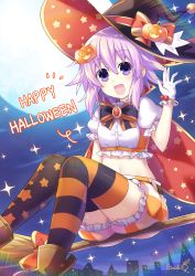 Rule 34 | 1girl, artist name, asymmetrical legwear, binato lulu, broom, broom riding, commentary request, flat chest, food-themed hair ornament, gloves, hair between eyes, hair ornament, halloween, hat, looking at viewer, magical girl, moon, navel, neptune (neptunia), neptune (series), night, night sky, open mouth, pumpkin hair ornament, purple eyes, purple hair, ribbon, short hair, short sleeves, shorts, sidelocks, sky, smile, solo, star (symbol), star print, striped clothes, striped thighhighs, thighhighs, uneven legwear, waving, white gloves, witch, witch hat