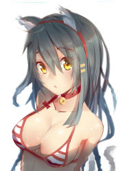 Rule 34 | 10s, 1girl, :&lt;, absurdres, animal ears, bell, bikini, breasts, cat ears, cleavage, collar, gin00, grey hair, hairband, haruna (kancolle), highres, kantai collection, long hair, looking at viewer, medium breasts, neck bell, partially submerged, simple background, sketch, solo, striped bikini, striped clothes, swimsuit, wet, yellow eyes