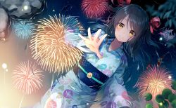Rule 34 | 1girl, black hair, dutch angle, fireworks, fish, floral print, hair ribbon, japanese clothes, kimono, long hair, looking at viewer, night, night sky, nonono (nononotea), obi, original, outdoors, outstretched arm, partially submerged, red ribbon, reflection, ribbon, sash, sky, solo, star (sky), starry sky, water, wide sleeves, yellow eyes, yukata