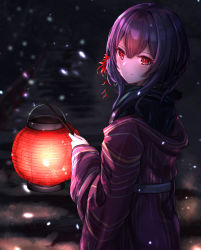 Rule 34 | 1girl, blush, closed mouth, flower, hair flower, hair ornament, highres, idolmaster, idolmaster shiny colors, japanese clothes, kimono, lantern, looking at viewer, looking to the side, medium hair, morino rinze, night, outdoors, purple hair, purple kimono, red eyes, sky cappuccino, smile, snow, snowflakes, snowing, solo, stairs, standing