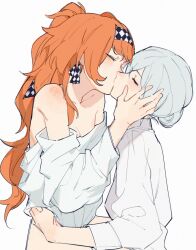 Rule 34 | 2girls, blue hair, checkered hairband, closed eyes, collared shirt, commentary, hand on another&#039;s face, kiss, long hair, multiple girls, orange hair, partially undressed, reverse:1999, shirt, simple background, sonetto (reverse:1999), undressing another, vertin (reverse:1999), white background, white shirt, xiao lu, yuri