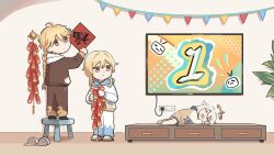 Rule 34 | 1boy, 2girls, aether (genshin impact), ahoge, bilibili, bilibili logo, blonde hair, braid, brother and sister, cabinet, chibi, chinese commentary, chinese new year, commentary, contemporary, drooling, electrical outlet, english commentary, fai chun, firecrackers, flat screen tv, genshin impact, halo, hood, hoodie, long hair, loungewear, lumine (genshin impact), mixed-language commentary, multiple girls, official art, orange eyes, paimon (genshin impact), pants, short hair with long locks, siblings, sleeping, slippers, stool, sweatpants, television, white hair, xinzoruo, yellow eyes