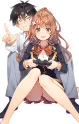 Rule 34 | 1boy, 1girl, :d, black eyes, black hair, bow, brown eyes, brown hair, controller, copyright request, game controller, hair ornament, highres, knees together feet apart, mmu, official art, open mouth, pants, plaid, plaid bow, pointing, ponytail, school uniform, sitting, smile, x hair ornament