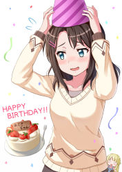 Rule 34 | 1girl, absurdres, arms up, bang dream!, beige sweater, birthday, birthday cake, black hair, blonde hair, blue eyes, blush, breasts, cake, character doll, collarbone, commentary request, confetti, flying sweatdrops, food, fork, fruit, hair ornament, hairclip, hands on own head, happy birthday, hat, highres, lilium443, long hair, looking away, medium breasts, medium hair, nose blush, okusawa misaki, overall shorts, overalls, party hat, plate, shirt, shy, sidelocks, simple background, solo focus, strawberry, streamers, striped clothes, striped headwear, striped shirt, swept bangs, tsurumaki kokoro, upper body, wavy mouth, white background