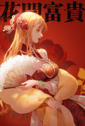 Rule 34 | 1girl, bracelet, breasts, china dress, chinese clothes, dress, dywx poison, earrings, flower, gold, hair flower, hair ornament, hand fan, highres, holding, jewelry, large breasts, lipstick, long hair, makeup, nail polish, nami (one piece), necklace, one piece, pearl necklace, red background, shawl, shoulder tattoo, simple background, solo, tattoo