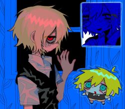 Rule 34 | 1boy, basil (faraway) (omori), basil (omori), blonde hair, blue eyes, collared shirt, crying, crying with eyes open, green sweater vest, highres, indoors, kobanzame omo, looking at viewer, omori, open mouth, red eyes, shirt, short hair, short sleeves, solo, spoilers, sweater vest, tears, white shirt, window