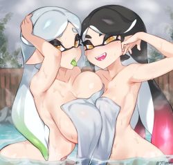 Rule 34 | 2girls, armpits, asymmetrical docking, bad id, bad twitter id, blush, breast press, breasts, callie (splatoon), cleavage, inkling, inkling player character, jtveemo, large breasts, looking at viewer, marie (splatoon), mole, mole under eye, multiple girls, nintendo, onsen, outdoors, parted bangs, pointy ears, splatoon (series), tongue, tongue out, towel, wading, wet, yuri