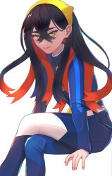 Rule 34 | 1girl, arm support, belt, black hair, blue jacket, blue pants, buttons, carmine (pokemon), closed mouth, commentary request, creatures (company), crossed bangs, crossed legs, eyelashes, game freak, hair between eyes, hairband, invisible chair, jacket, long hair, long sleeves, looking at viewer, nintendo, pants, pokemon, pokemon sv, sitting, smile, solo, white belt, yellow hairband, yoaketukiko