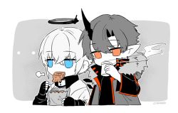 Rule 34 | 2boys, arknights, bag, black gloves, black shirt, blue eyes, chibi, coffee cup, commentary request, cropped torso, cup, disposable cup, executor (arknights), fingerless gloves, flamebringer (arknights), food, food in mouth, gloves, grey background, grey jacket, hair between eyes, halo, holding, holding bag, holding cup, horns, jacket, keulonoseu, long sleeves, male focus, multiple boys, open clothes, open jacket, orange eyes, paper bag, pointy ears, puffy long sleeves, puffy sleeves, shirt, signature, single horn, steam, taiyaki, two-tone background, upper body, wagashi, white background, white hair, white shirt