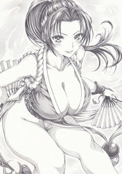 Rule 34 | 1girl, blush, breasts, cleavage, folding fan, graphite (medium), hand fan, holding, holding fan, large breasts, legs, long hair, looking at viewer, mikuro, monochrome, ponytail, revealing clothes, shiranui mai, smile, solo, the king of fighters, thighs, traditional media