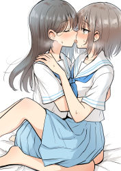 Rule 34 | 2girls, absurdres, bed sheet, betock, blue neckerchief, blue skirt, brown eyes, brown hair, collarbone, commentary request, closed eyes, french kiss, from side, hair behind ear, half-closed eyes, hand on another&#039;s shoulder, highres, hug, kiss, long hair, multiple girls, neckerchief, original, school uniform, serafuku, short hair, sitting, sitting on lap, sitting on person, skirt, sweatdrop, tongue, wariza, yuri