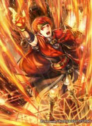 Rule 34 | 1boy, arm up, belt, boots, cape, company name, fire, fire emblem, fire emblem: radiant dawn, fire emblem cipher, headband, holding, holding weapon, indoors, magic, male focus, nintendo, official art, open mouth, shorts, solo, takaya tomohide, tormod (fire emblem), weapon