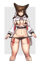 Rule 34 | 1girl, absurdres, animal ears, artist name, bikini, bikini pull, border, breasts, breasts out, brown hair, choker, clothes pull, commission, cropped jacket, english text, feet out of frame, grey background, highres, hood, hood down, jacket, large breasts, long sleeves, looking at viewer, mole, mole under eye, navel, o-ring, o-ring bikini, open clothes, open jacket, original, pgm300, pouch, remove before flight tag, simple background, skindentation, smile, solo, standing, swimsuit, thigh pouch, thigh strap, two-tone background, watermark, white border, wide hips, yellow eyes