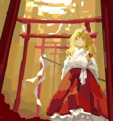 Rule 34 | 1girl, alternate costume, blonde hair, bow, closed mouth, commentary request, feet out of frame, gohei, hair between eyes, hair bow, hair ribbon, highres, holding, holding stick, japanese clothes, kaigen 1025, kirisame marisa, long hair, long sleeves, looking at viewer, miko, petticoat, red skirt, ribbon, robe, skirt, solo, stick, torii, touhou, tress ribbon, wavy hair, white bow, white headwear, white robe, yellow eyes
