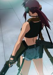 Rule 34 | 1girl, absurdres, ass, back, black lagoon, gun, highres, long hair, ponytail, purple hair, revy (black lagoon), shorts, solo, standing, stitched, tattoo, third-party edit, weapon