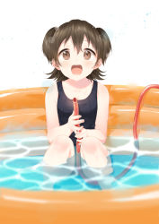 Rule 34 | 10s, 1girl, :d, akagi miria, bad id, bad pixiv id, bandai namco, bare arms, bare legs, bare shoulders, between legs, black one-piece swimsuit, blush, brown eyes, brown hair, caustics, collarbone, flat chest, foreshortening, furururu, hair between eyes, holding, holding hose, hose, idolmaster, idolmaster cinderella girls, knees up, looking at viewer, one-piece swimsuit, open mouth, partially submerged, round teeth, school swimsuit, short hair, smile, solo, squatting, swimsuit, tareme, teeth, two side up, wading pool, water, water drop, wet, white background
