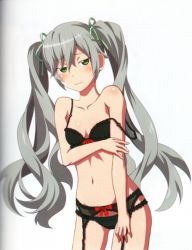Rule 34 | 1girl, akiba&#039;s trip 2, belly, blush, bow, breasts, green eyes, hair ribbon, long hair, looking at viewer, medium breasts, ribbon, rin (akiba&#039;s trip 2), silver hair, twintails, underwear, underwear only, undressing, very long hair, white background