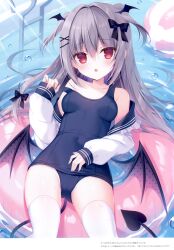 Rule 34 | 1girl, absurdres, air bubble, ball, bare shoulders, beachball, black bow, black sailor collar, blue one-piece swimsuit, bow, breasts, bubble, collarbone, comiket 103, demon girl, demon tail, demon wings, fang, grey hair, hair between eyes, hair bow, hair intakes, hasune, head wings, highres, innertube, ladder, long hair, long sleeves, looking at viewer, low wings, non-web source, off shoulder, old school swimsuit, one-piece swimsuit, open clothes, open mouth, open shirt, original, pink wings, pool, pool ladder, puffy long sleeves, puffy sleeves, red eyes, sailor collar, scan, school swimsuit, school uniform, serafuku, shirt, sleeves past wrists, small breasts, strap slip, swim ring, swimsuit, swimsuit under clothes, tail, thighhighs, two side up, very long hair, water, white shirt, white thighhighs, wings