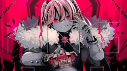 Rule 34 | 1girl, akatsuki mikado, brooch, chain, chair, coat, commentary request, crown, unworn crown, english text, fang, finger to mouth, fingernails, fishnet armwear, fur-trimmed coat, fur trim, grin, holding, holding crown, jewelry, king (vocaloid), lilypse, long sleeves, looking at viewer, nage (emae626), nail polish, official art, pink background, pink eyes, pink hair, pink nails, pink theme, second-party source, smile, solo, song name, straight-on, teeth, throne, virtual youtuber, vocaloid