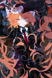 Rule 34 | 1girl, arm on own head, black suit, blush, bow, film grain, formal, freckles, hair focus, highres, ishmael (project moon), lemonail, limbus company, long hair, long sleeves, looking at viewer, lying, necktie, orange eyes, orange hair, partially submerged, project moon, red necktie, ripples, smile, solo, suit, very long hair, white bow