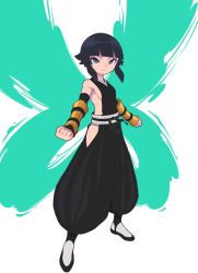 Rule 34 | 1girl, arm guards, bear ringer, black hair, bleach, blunt bangs, breasts, clenched hand, closed mouth, commentary request, flats, frown, full body, grey eyes, highres, hip vent, looking at viewer, medium breasts, short hair, short hair with long locks, solo, standing, sui-feng