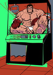 Rule 34 | 1boy, absurdres, against glass, artist request, bara, bulge, colored skin, crane game, forked eyebrows, full body, fundoshi, gradient skin, hachimaki, hairy, headband, highres, huge pectorals, in crane game, japanese clothes, looking at viewer, male focus, mature male, muscular, muscular male, mutton chops, nejiri hachimaki, red skin, short hair, sitting, solo, sparse arm hair, sparse chest hair, sparse leg hair, sparse navel hair, strongman waist, taigaabozusukii, tajikarao (housamo), thick eyebrows, tokyo houkago summoners, topless male, tusks, unfinished
