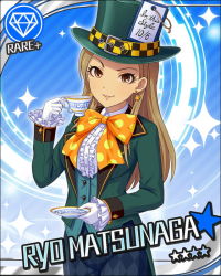 Rule 34 | 1girl, alice in wonderland, artist request, blue background, brown eyes, brown hair, card (medium), character name, cosplay, cup, earrings, frills, gem (symbol), gloves, hat, idolmaster, idolmaster cinderella girls, jewelry, jpeg artifacts, long hair, mad hatter (alice in wonderland), mad hatter (alice in wonderland) (cosplay), matsunaga ryo, official art, smile, solo, sparkle, teacup, white gloves