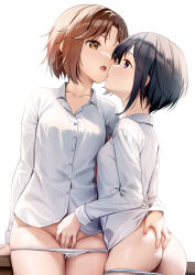 Rule 34 | 2girls, black hair, breasts, brown eyes, brown hair, collarbone, collared shirt, commentary request, commission, dress shirt, fingering, groin, hair between eyes, hand on another&#039;s ass, highres, multiple girls, open mouth, panties, panty pull, parted bangs, pixiv commission, profile, purple eyes, school girl strikers, shirt, simple background, small breasts, sumihara satoka, takamine ako, underwear, white background, white panties, white shirt, yan (nicknikg)