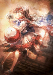 Rule 34 | 1girl, 60mai, architecture, camera, cape, dress, dutch angle, east asian architecture, fang, fang out, gradient background, horns, impossible spell card, kijin seija, leaning, looking at viewer, multicolored hair, red eyes, sandals, sash, short hair, short sleeves, smile, solo, touhou, two-tone hair, yin yang