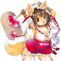 Rule 34 | 1girl, :3, animal ear fluff, animal ears, arms up, breasts, brown hair, character request, chinese knot, colored skin, commentary request, contrapposto, cowboy shot, detached sleeves, fang, flower, fox ears, fox girl, fox tail, frilled skirt, frills, furry, furry female, highres, holding, holding mallet, hop step jumpers, jewelry, large breasts, lets0020, looking at viewer, magatama, magatama necklace, mallet, medium bangs, miniskirt, necklace, nontraditional miko, open mouth, pleated skirt, red eyes, red skirt, ribbon-trimmed sleeves, ribbon trim, shirt, short hair, simple background, skirt, smile, solo, tail, thigh strap, transparent background, v-shaped eyebrows, white flower, white shirt, white sleeves, yellow skin